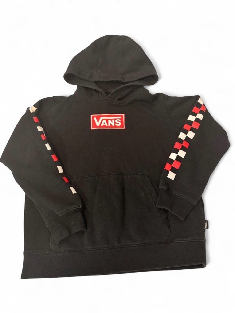 Vans Kids Black Hoodie with Red & White Checker Sleeves
